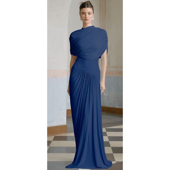NWT Miss Rosier Womens Navy Blue Catherine Asymmetrical Pleated Maxi Dress Large - Picture 3 of 9